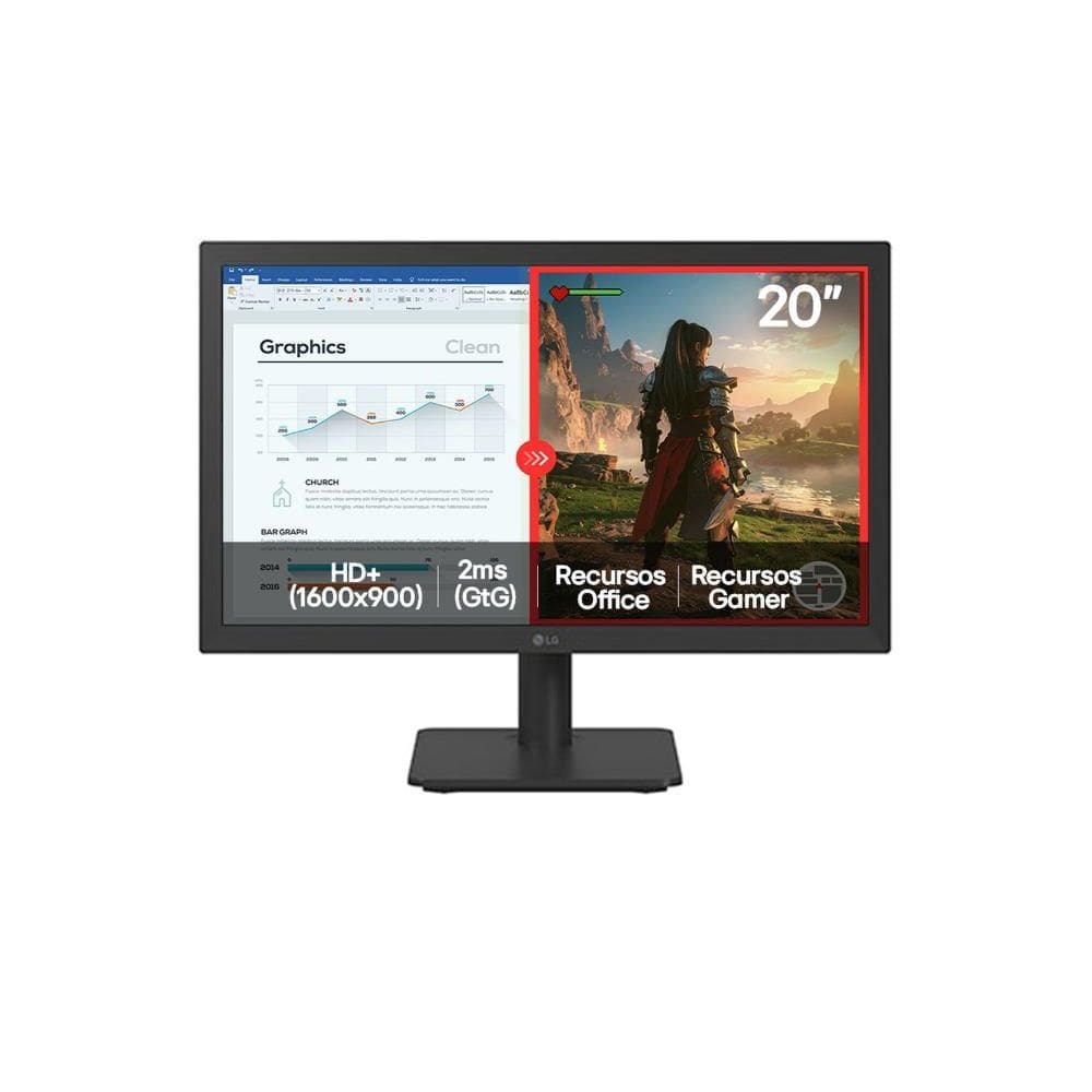 Monitor LG LED Home & Office 20U401A-B Tela 20” HD+, LG Switch, Modo leitura e Flicker Safe, HDMI, VGA, 2ms (GtG), 75Hz, Black Stabilizer, Dynamic Act