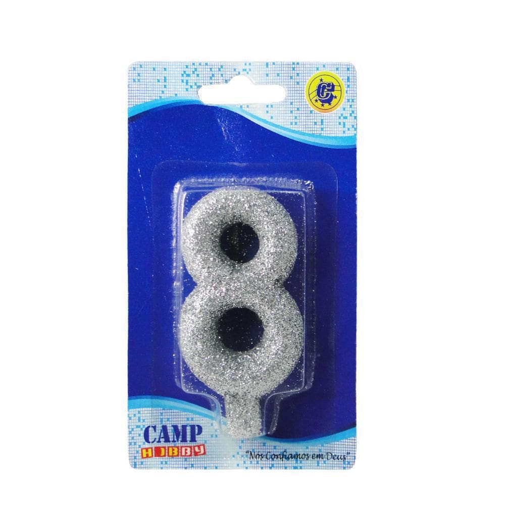 Vela De Aniversario Numero 8 Prata Glitter 7Cm