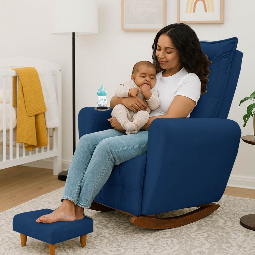 Poltrona Cadeira de Amamentação Balanço e Puff Ternura Marinho