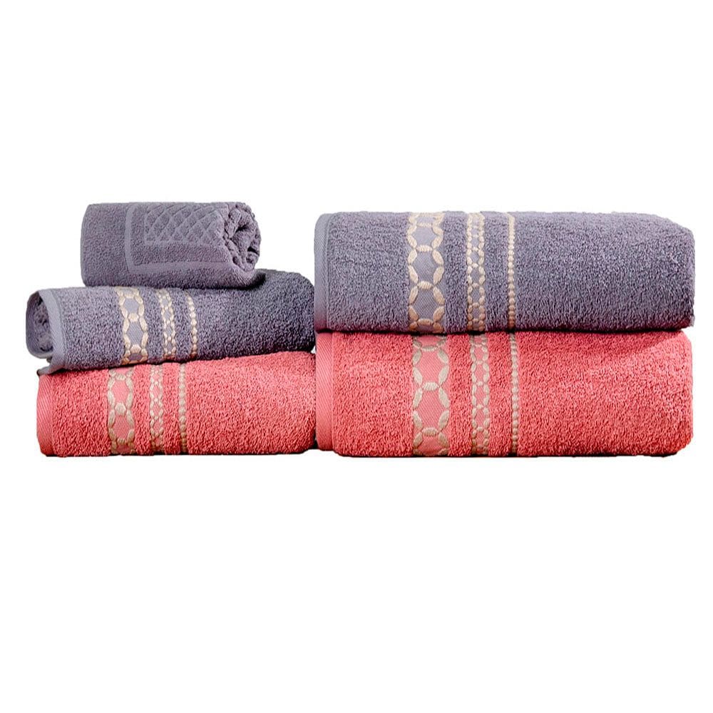 Kit de Toalhas de Banho 5 peças 420g/m² Rosa Blush/Grafite Romance Sonhare Prata