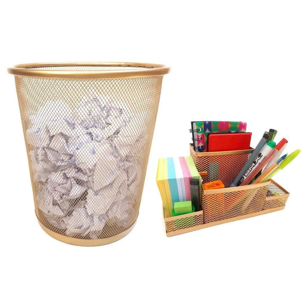 Kit Organizador De Mesa E Lixeira Dourado Escritório