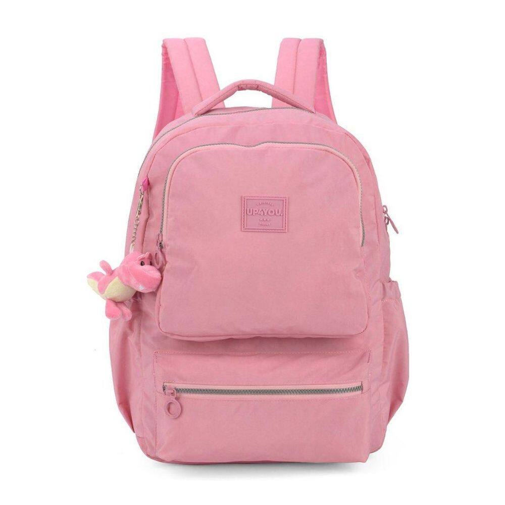 Mochila Feminina Notebook Tecido Crinkle Chaveiro Pelúcia