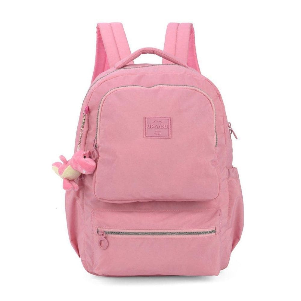 Mochila Feminina Notebook Tecido Crinkle Chaveiro Pelúcia