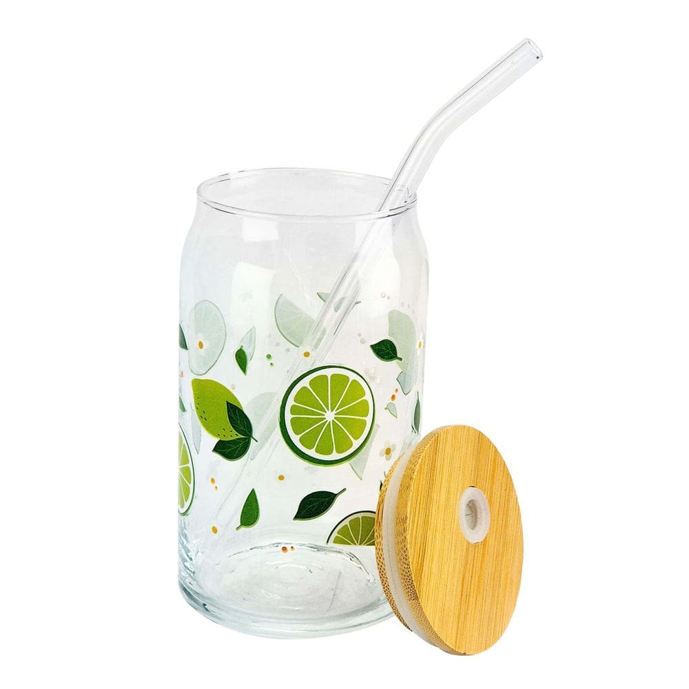 Copo De Vidro Com Canudo Tampa De Bambu Frutas