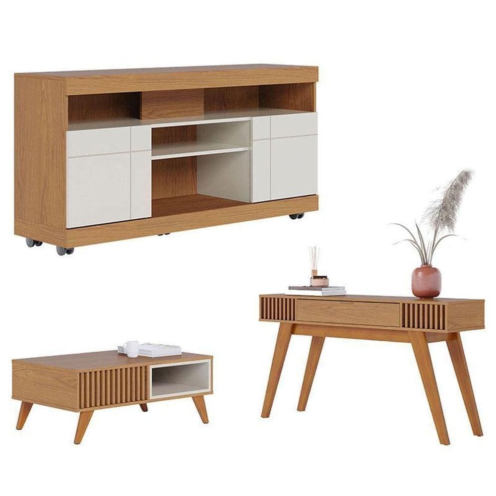 Rack Bancada Yara Com Mesa De Centro Jeri Freijó Off White E Aparador Riviera Freijó – Colibri