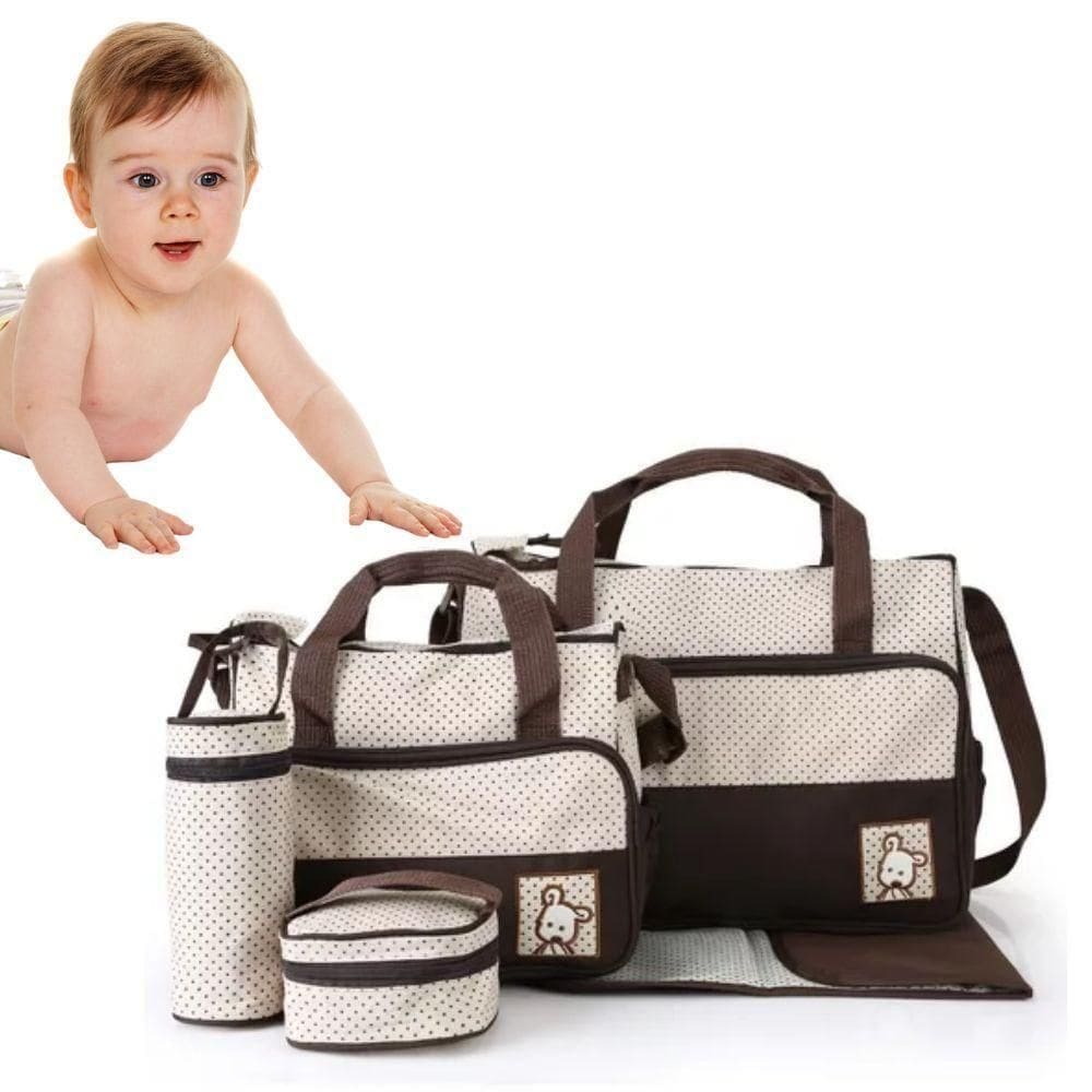Kit Bolsa Maternidade Mochila Bebe Trocador Porta Mamadeira Papinha 5 Peças Mala Luxo Impermeavel Menina Menino Marrom