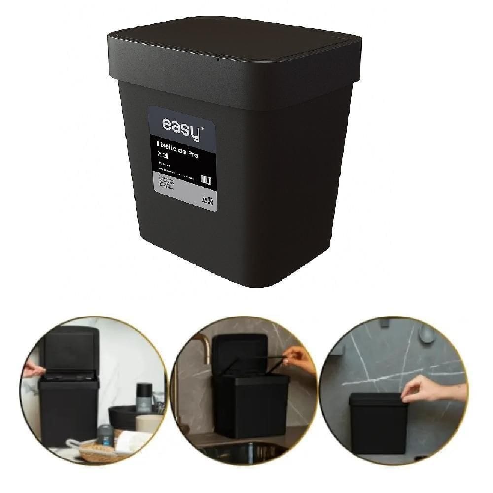 Lixeira Pia Cozinha Preta Cesto De Lixo 2,5l Tampa Multiuso Casa Bancada Consultorio Compacta Ecologica