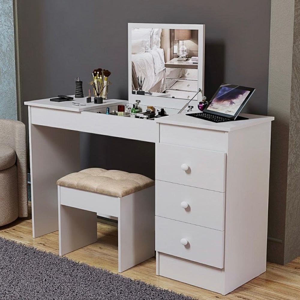 Penteadeira Moderna 2 Em 1 Para Maquiagem E Mesa De Estudo Com Banqueta