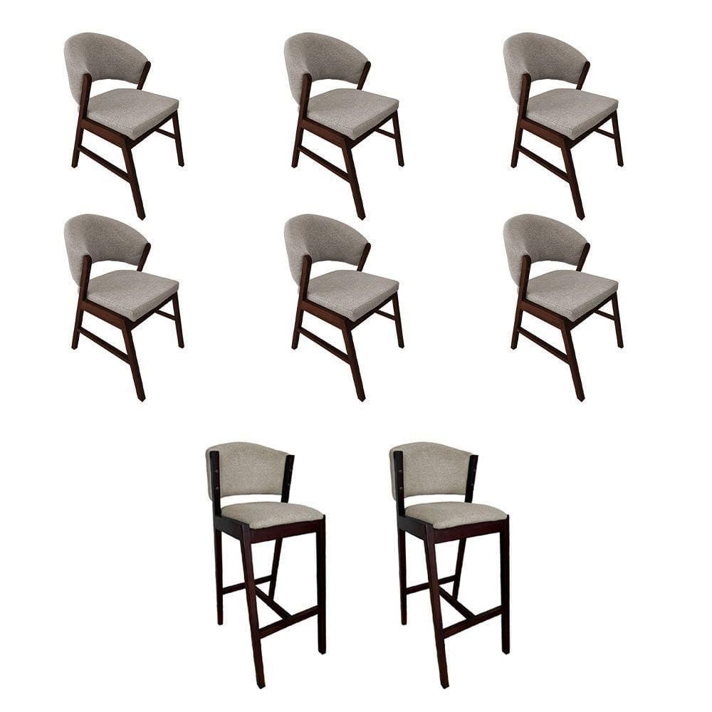 Kit 6 Cadeiras De Jantar Debora Com 2 Banquetas Ana Madeira Maciça Castanho Premium Linho Bege
