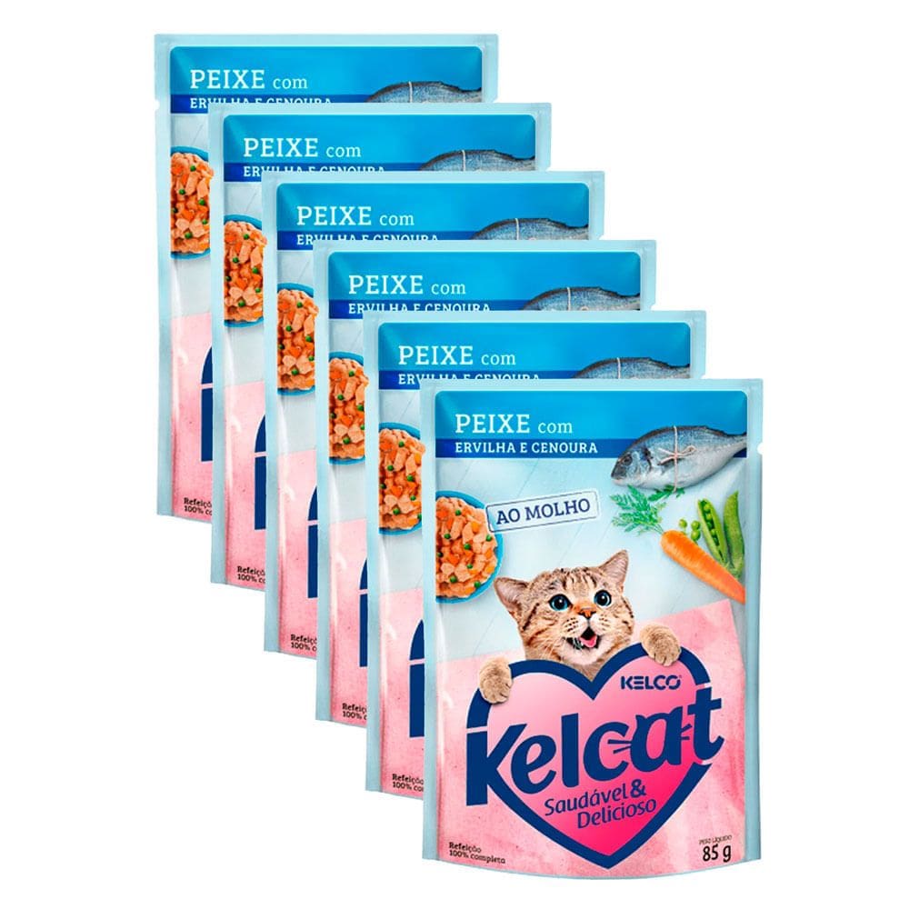 Ração Úmida para Gatos Kelcat Sabor Peixe com Ervilha e Cenoura em Sachê 85g | Kit com seis unidades