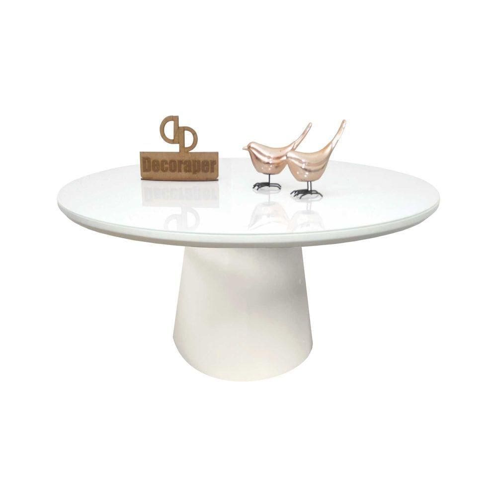 Mesa De Centro Com Vidro 80cm E Base Cone Laqueada Branco 40cm