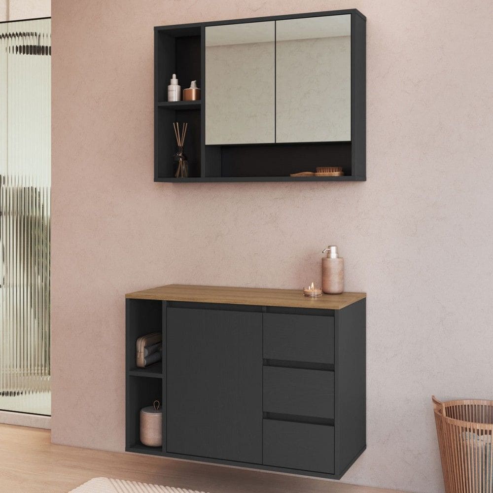 Armário de Banheiro Belagavi 3 Portas 3 Gavetas com Espelho Grafite - Art In Móveis