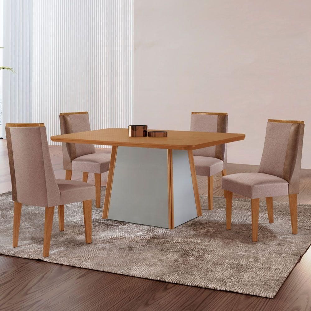 Mesa De Jantar Diane 120cm Tampo Mdf Lam 4 Cadeiras Diane Moderna Linho Capuccino Tork Off White