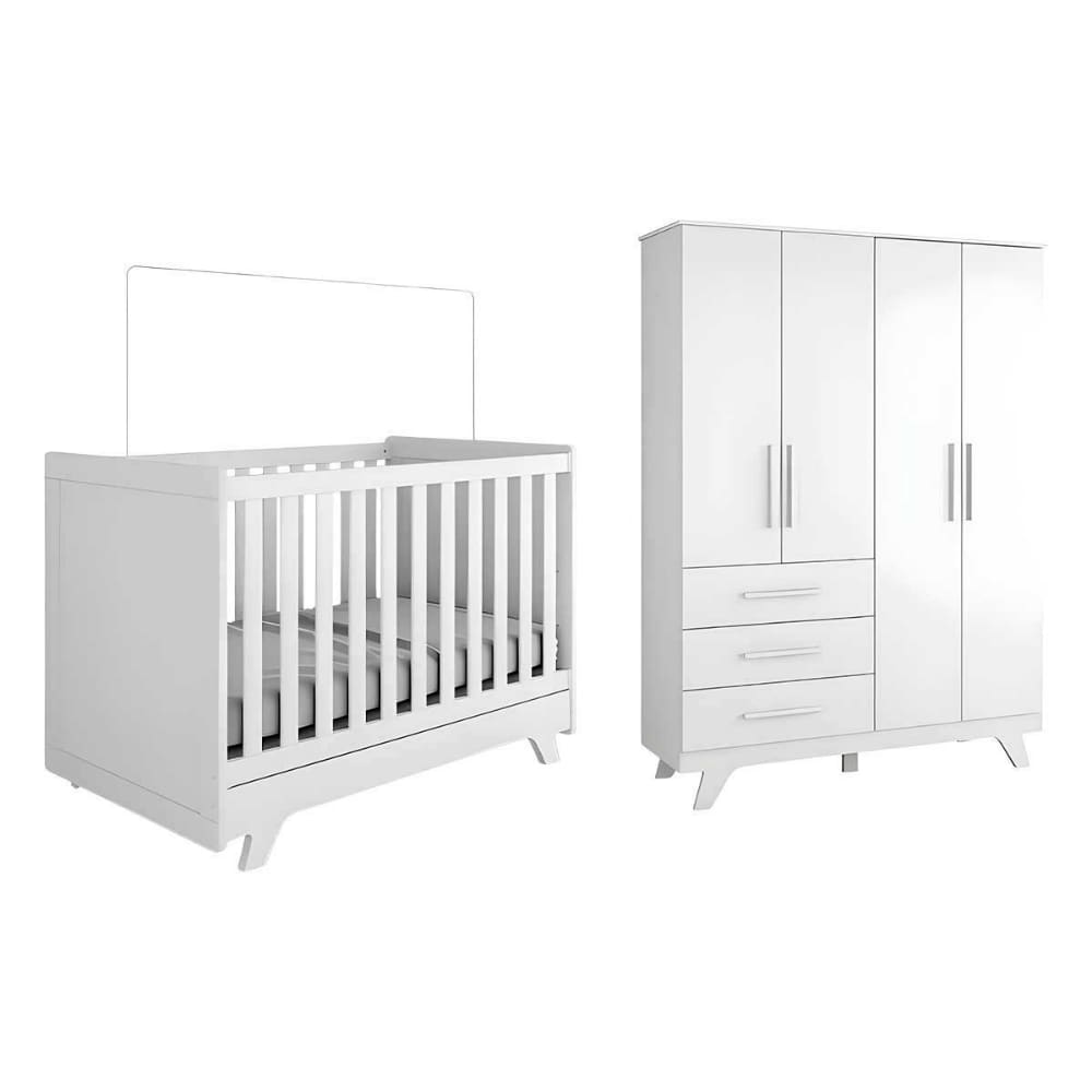 Kit Berço E Guarda Roupa Retrô Peroba Branco Quarto Infantil