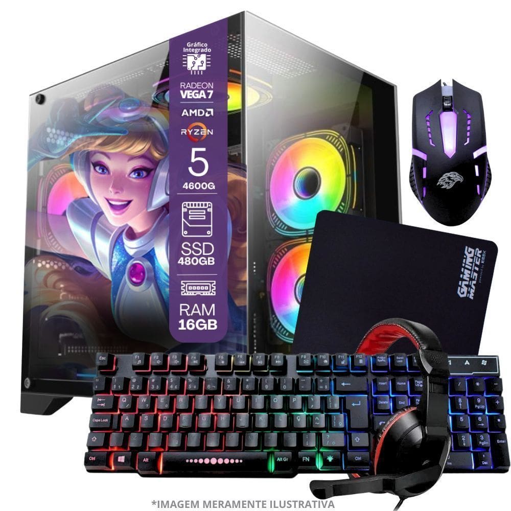 PC Gamer AMD Ryzen 5 4600G 16GB RAM Placa de video Radeon Vega 7 SSD 480GB Fonte 550W + Kit Gamer Completo
