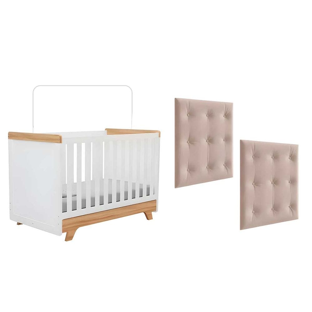 Kit Berço E Cabeceira Capitonê Retrô Peroba Branco Amêndoa