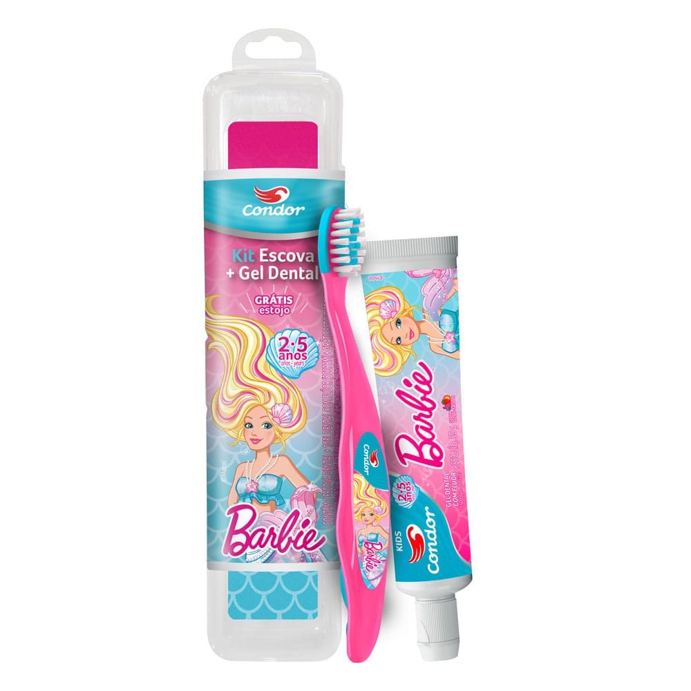 Kit Escova + Gel Dental Condor Kids Barbie com Flúor Tutti Frutti 50g e Ganhe Estojo Protetor