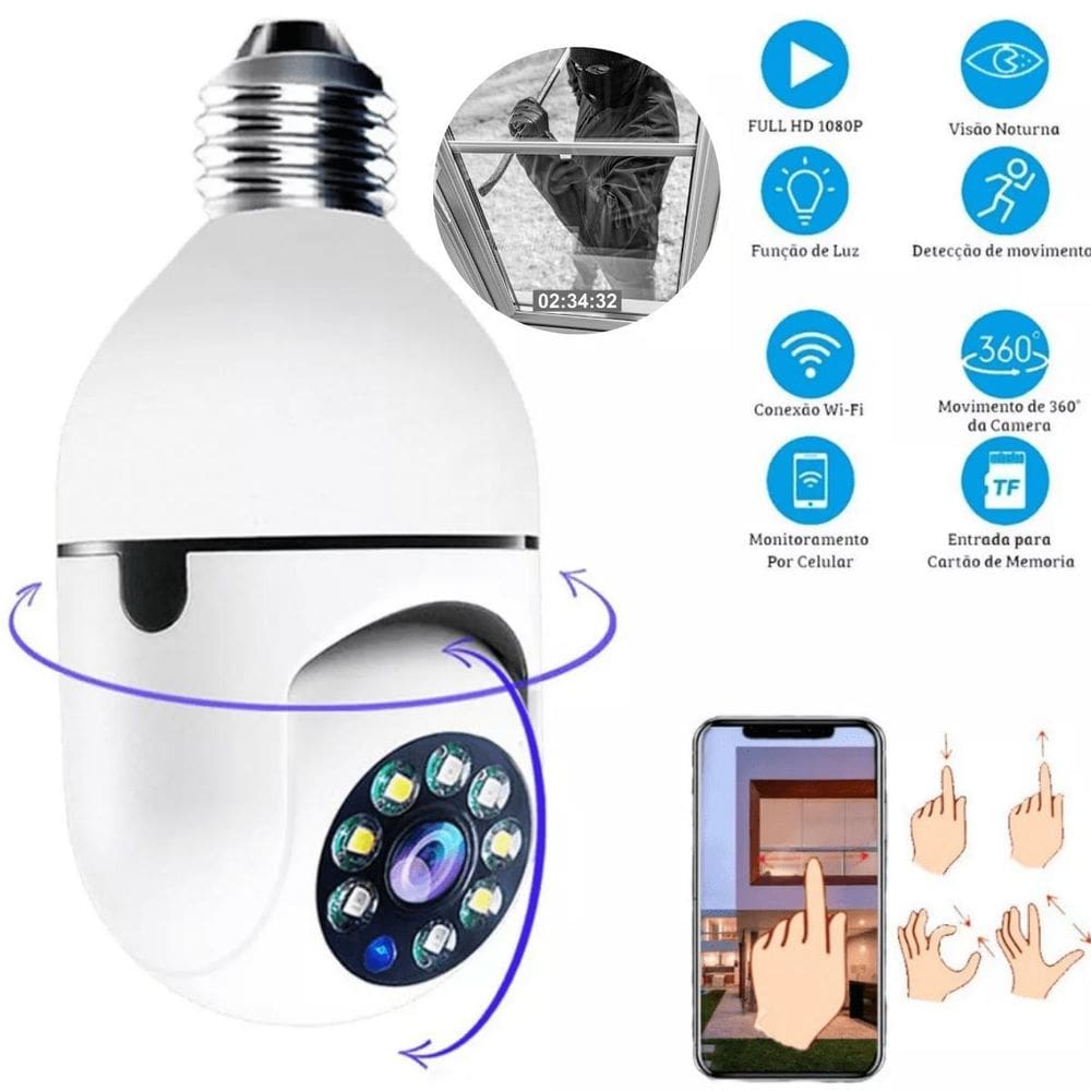 Câmera Lâmpada Com Visão Panorâmica Com Conexão Wi-Fi