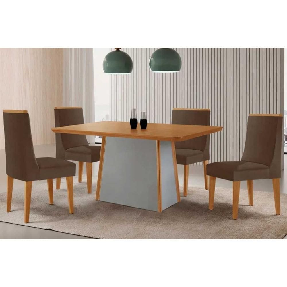 Conjunto Sala de Jantar Tilia c/ Tampo Madeirado Canto Curvo 120x80cm e 4 Cadeiras Dakota Madeira Maciça Naturale/Off White - Capuccino/Suede Marrom-R