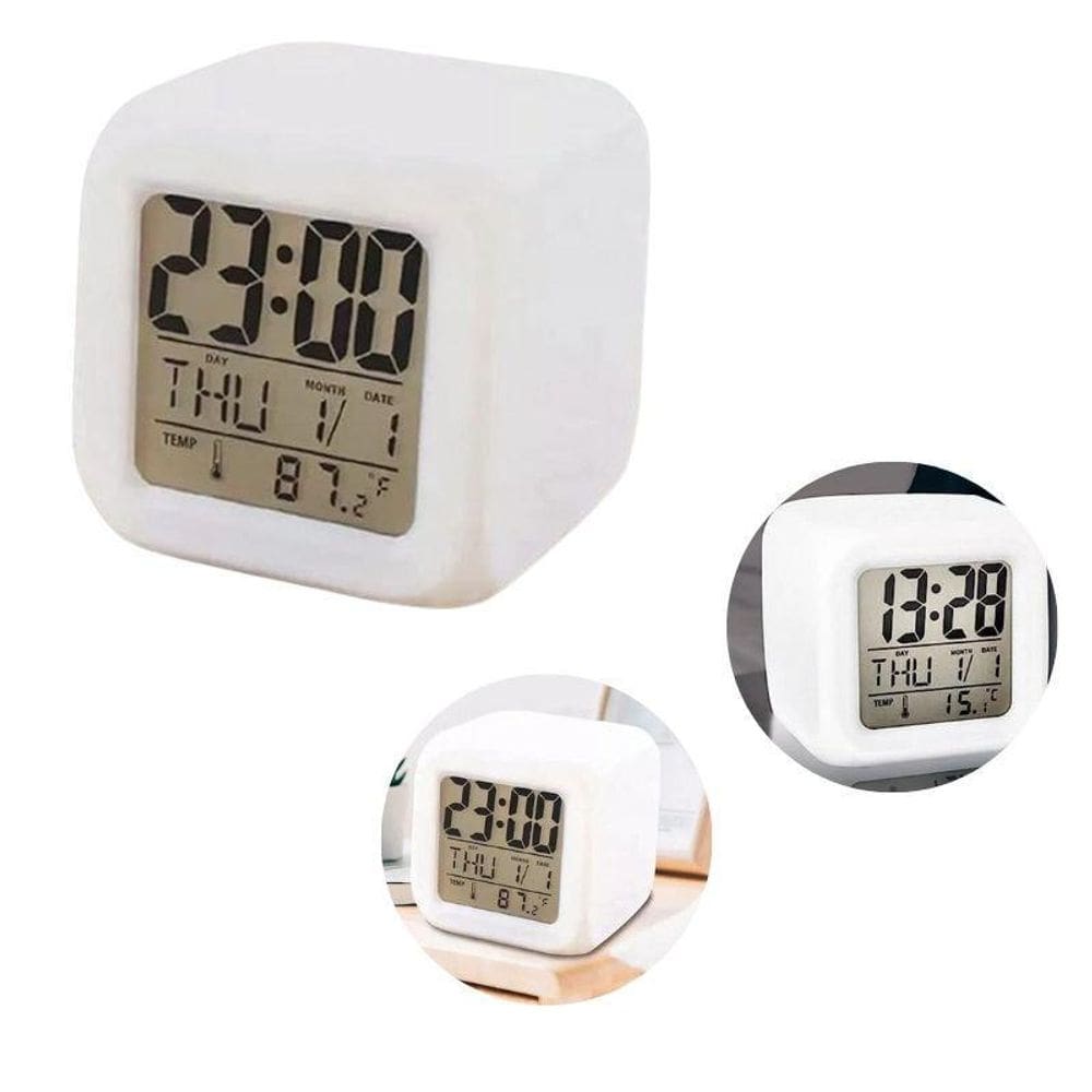 Mini Relógio Branco Digital Despertador Data Hora Luminária