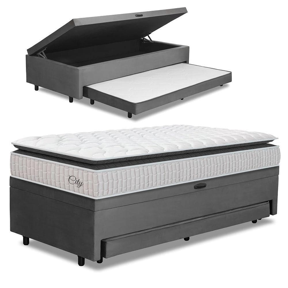 Cama Bibox Baú Com Colchão City Solteiro E Cama Auxiliar Conjugada 88x188x69cm Bela Cinza/branco