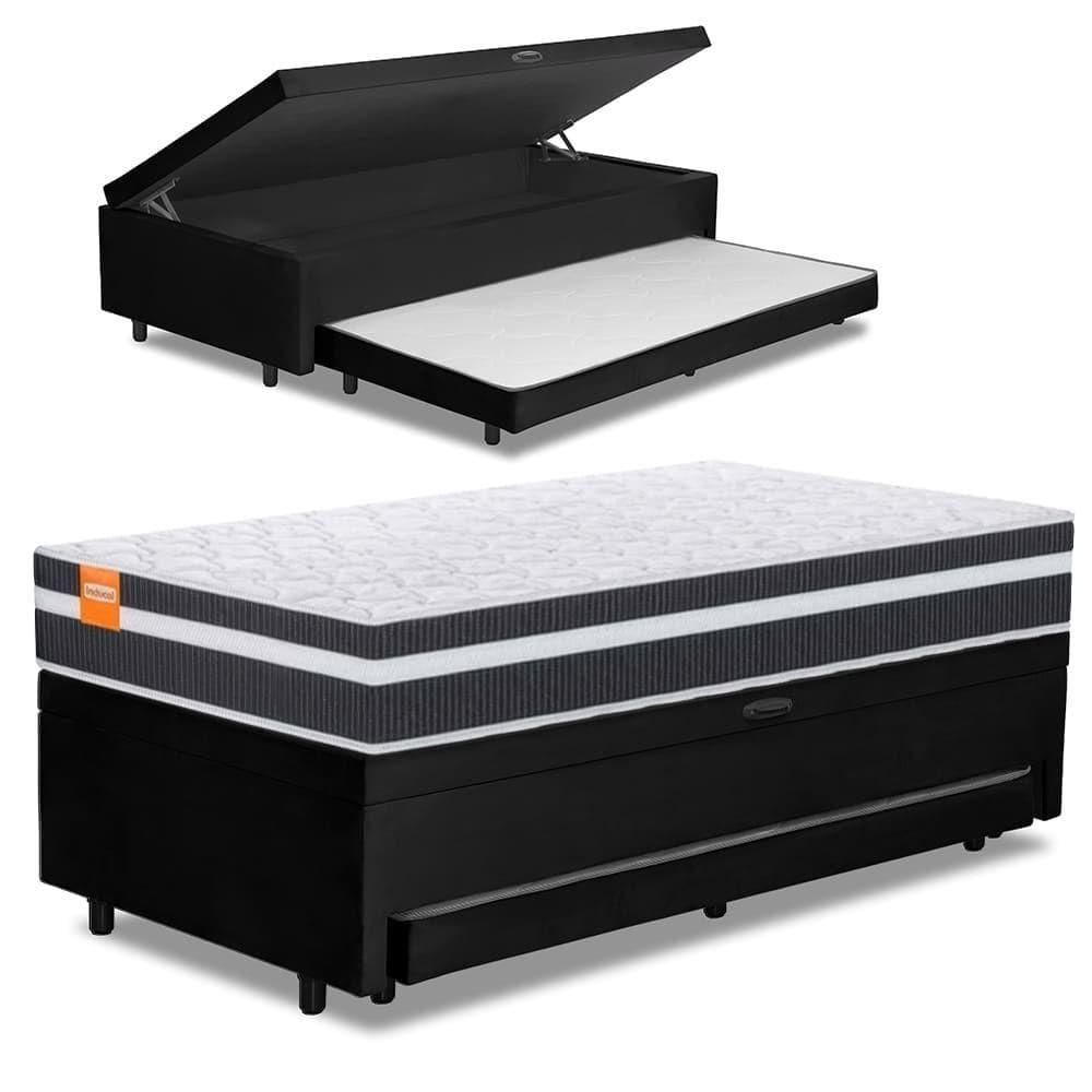 Cama Bibox Baú Com Colchão Qatar Solteiro E Cama Auxiliar Conjugada 88x188x69cm Bela Preto/branco