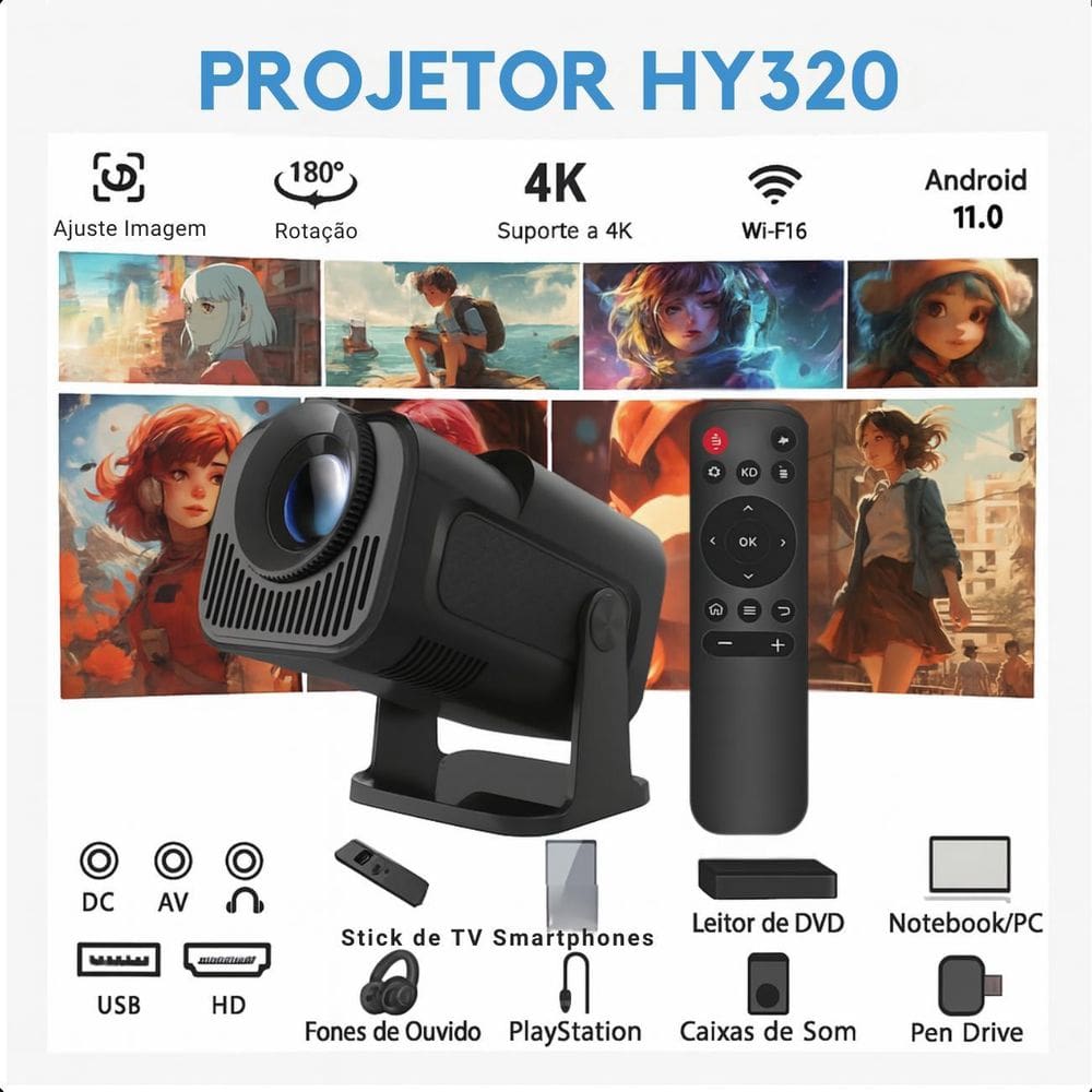 Projetor Hy320 4K Android 11 Smart Tv Wifi