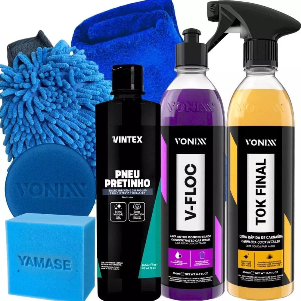 Kit Para Lavar Moto Pneu Pretinho Shampoo V-Floc Cera Tok Final Carnauba Vonixx 500ML Luva e Pano Microfibra