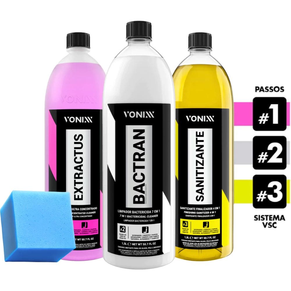 Kit VSC Vonixx Limpeza Veicular Automotivo de Estofados e Carpets 1,5L Extractus Bactran Sanitizante