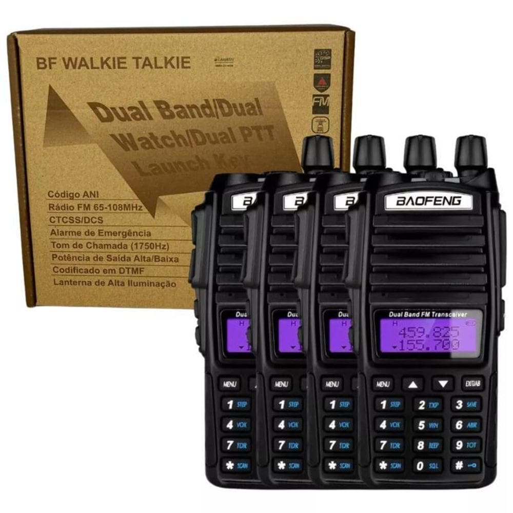 Kit 4 Rádio Ht Comunicador Baofeng Dual Band Uv82 Rádio Fm