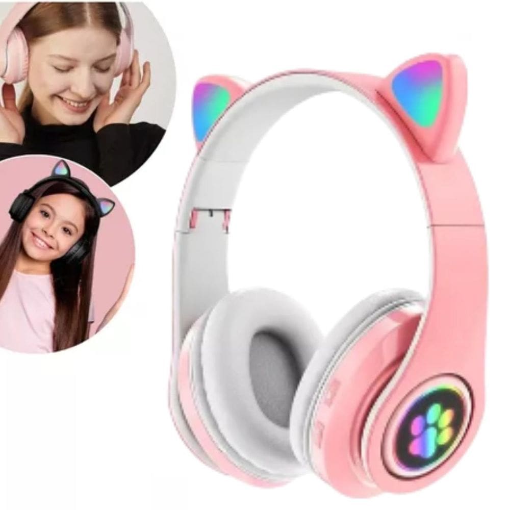 Fone De Ouvido Gamer Sem Fio Rosa Com Luz Led
