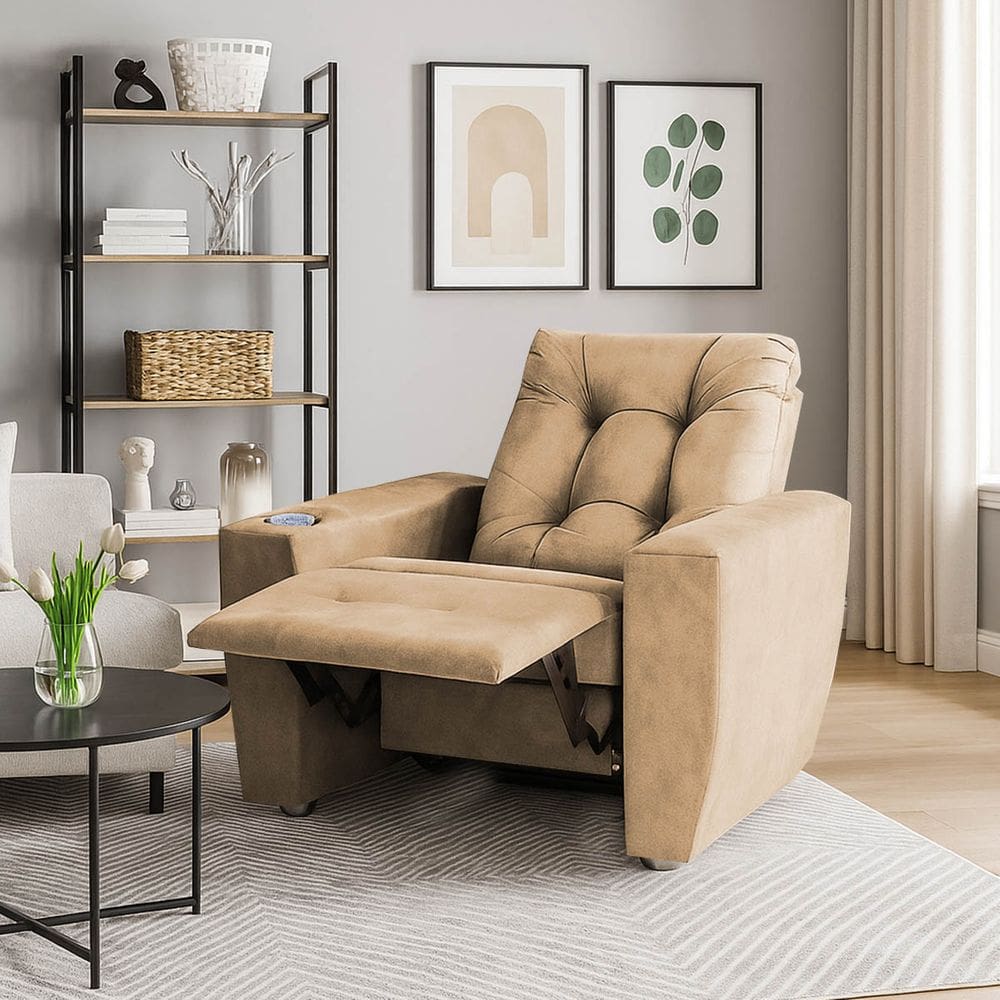Poltrona Do Papai Reclinável Suede Porta Copo Perola Capuccino