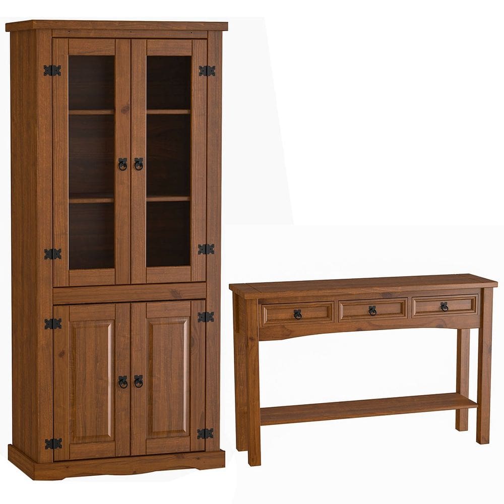 Kit Cristaleira 4 Portas e Aparador 100% Madeira Rústica Horse