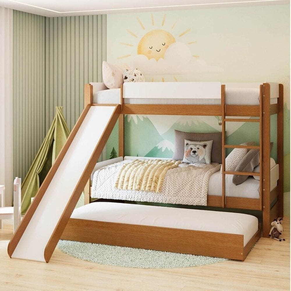 Treliche com Cama Auxiliar e Kit Escorregador Aria Casatema Madeiraoriginals Nogueira/Branco