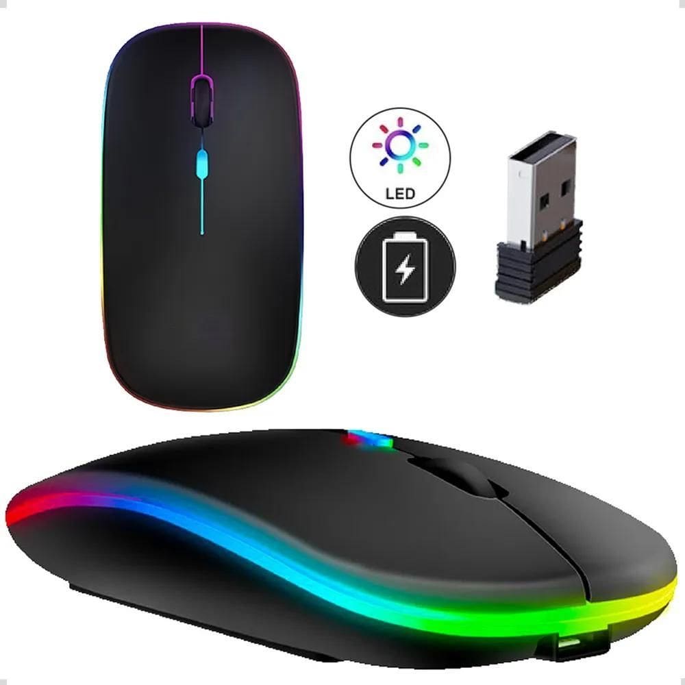 2X Mouse Sem Fio Recarregável Wireless Optico Led Rgb Ergonô