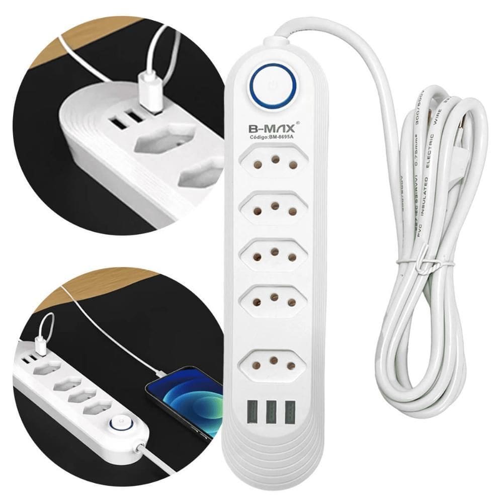 Extensão Filtro De Linha 5 Tomadas 3 Usb Cabo 2 Metros Bmax
