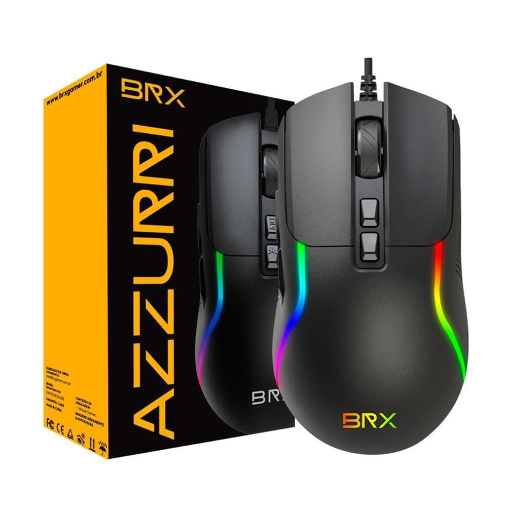 Mouse Gamer 3600 Dpi Rgb Preto 7 Botões Azzurri Brx