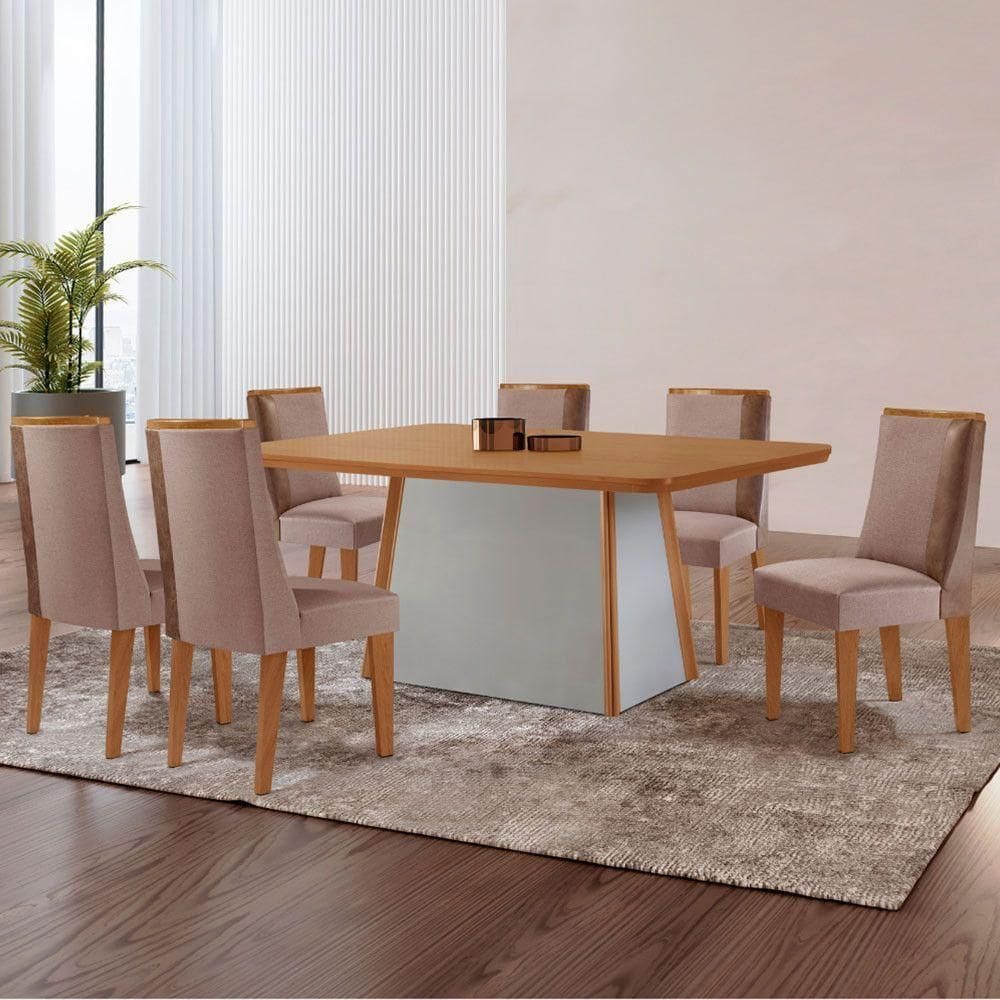 Mesa De Jantar Diane 180cm Tampo Mdf Lam 6 Cadeiras Diane Moderna Linho Capuccino Tork Off White