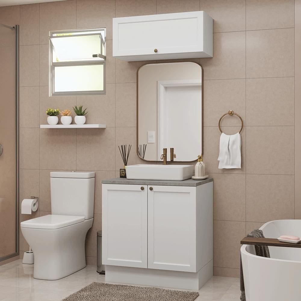 Conjunto Gabinete Para Banheiro 80cm 3 Portas Vik Madesa 02 Branco