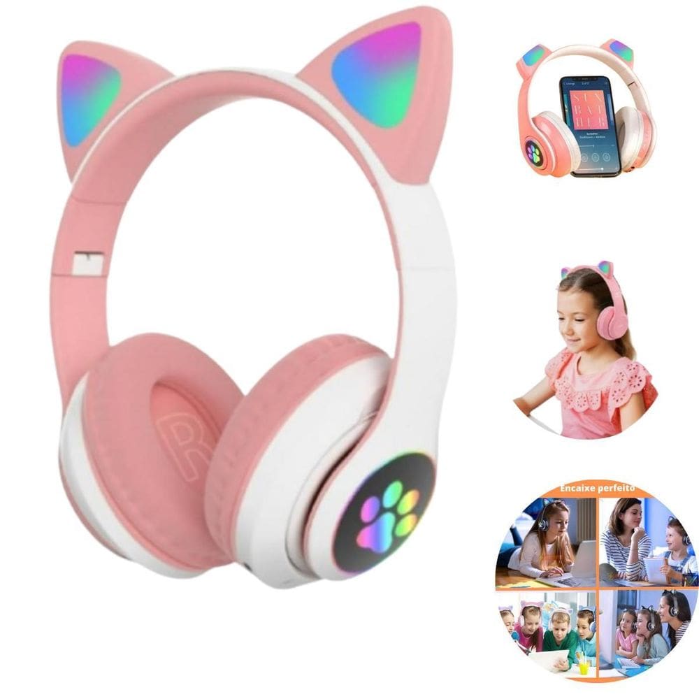 Fone Ouvido Premium Sem Fio Gatinho Rosa Pro Entrega Rápida