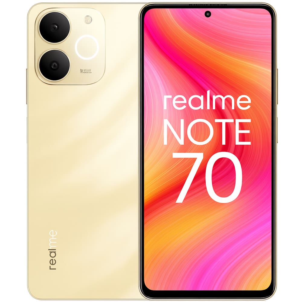 Smartphone Celular Realme Note 70 4G, 128GB, 4GB RAM, Tela 6,74 HD+ 90Hz, Câmera 13MP, Bateria 6300mAh, Android 15, Dual SIM, Dourado