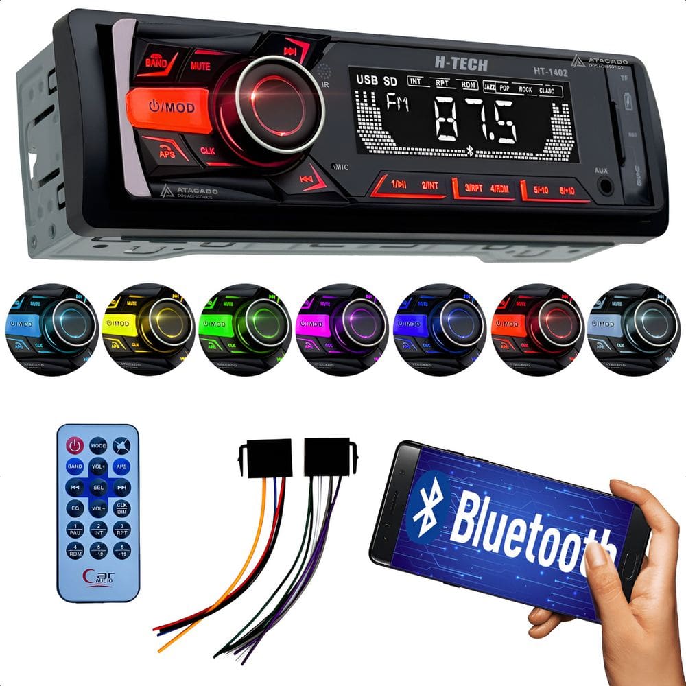 Rádio Auto Som Automotivo Aparelho MP3 p/ Carro Entrada USB SD Aux Bluetooth