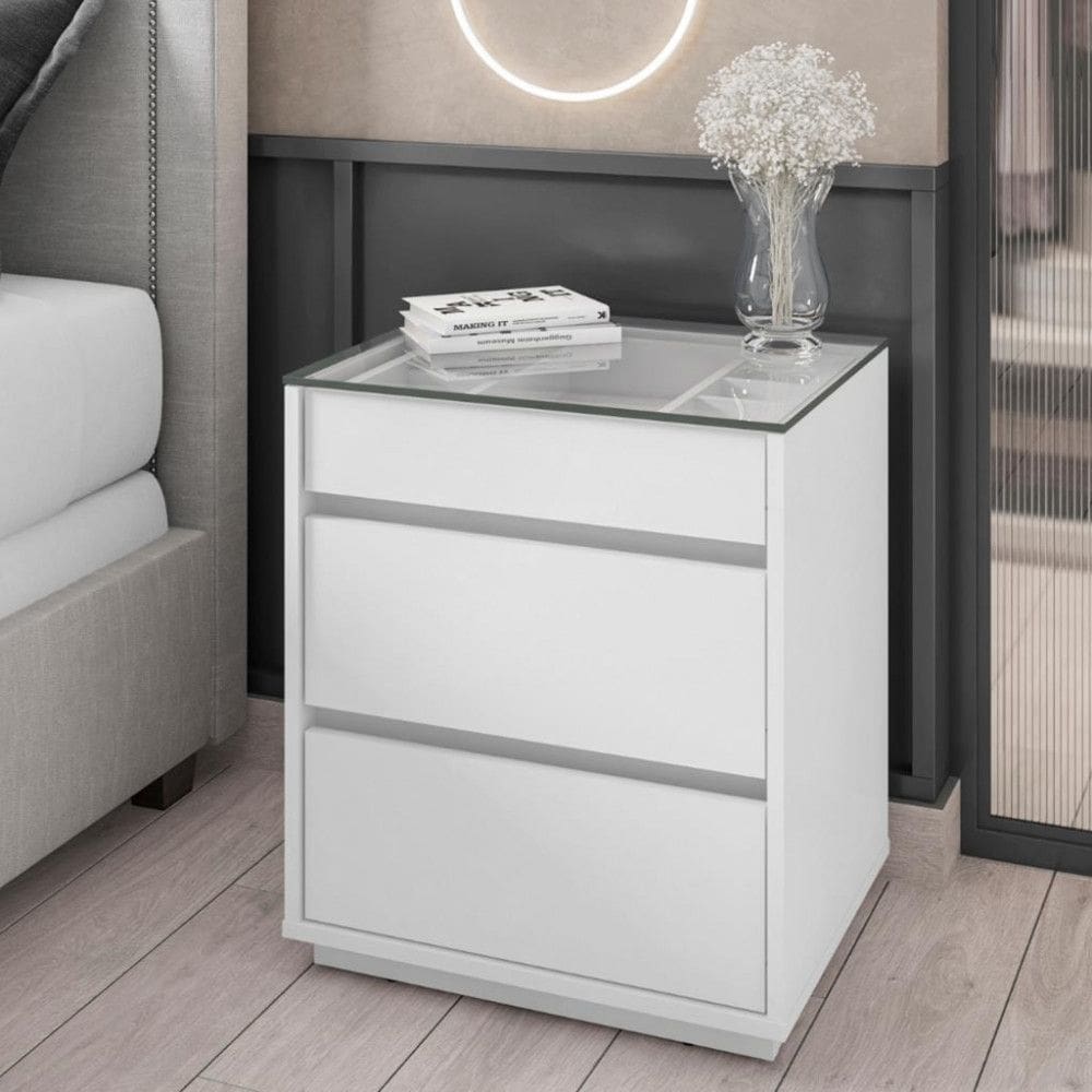 Mesa de Cabeceira com Tampo de Vidro 3 Gavetas Belize Casa D