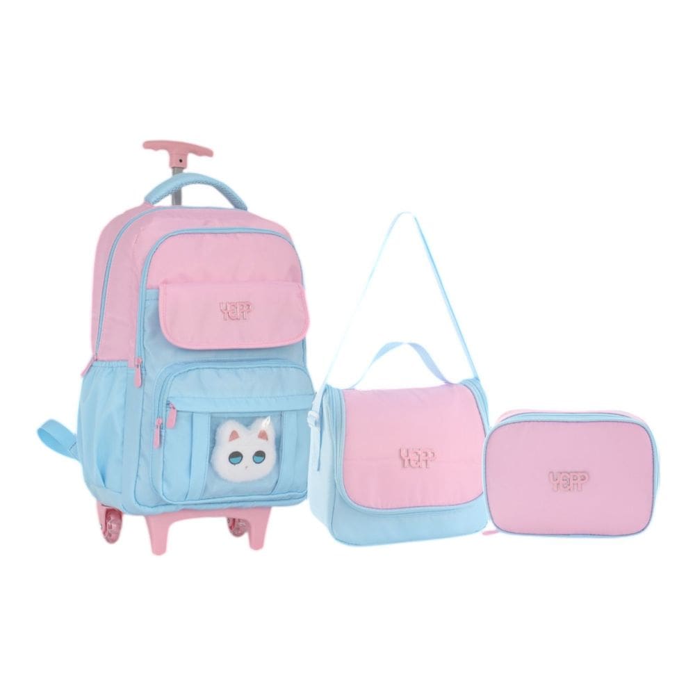 Kit Mochila Rodinhas Gatinha Pelucia Juvenil Estojo Lancheira Escolar Yepp