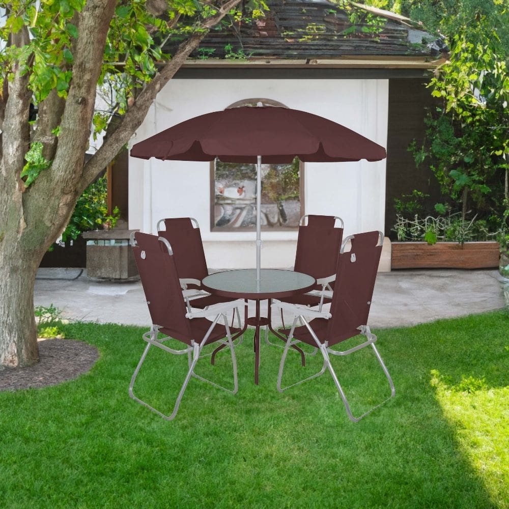 Conjunto para Jardim Mesa com Tampo de Vidro e 4 Cadeiras e Ombrellone Noronha Bel