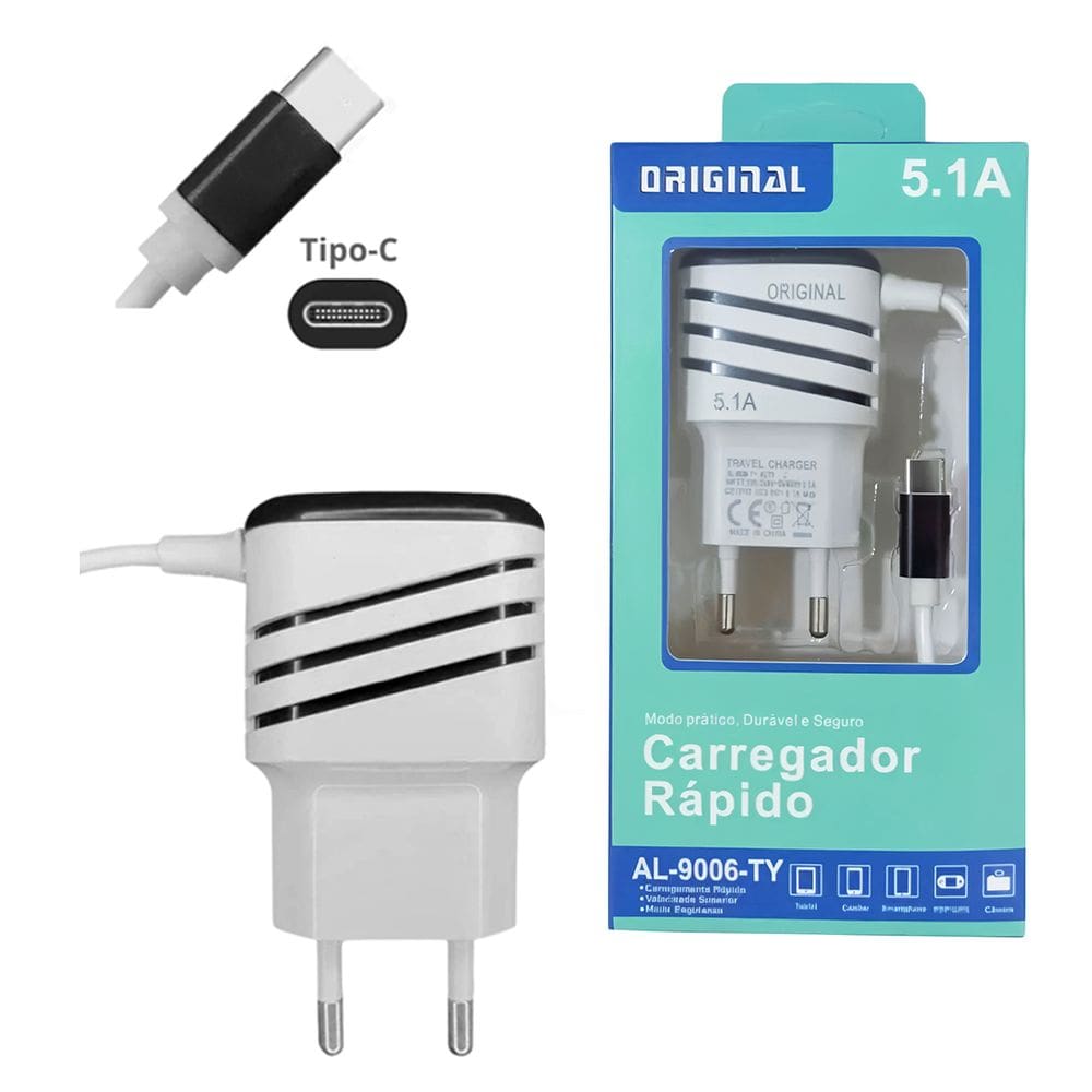 Carregador Rápido AL-9006-TY Tipo-C Branco Cabo 1.2M Alta Proteção Bivolt 100-240V