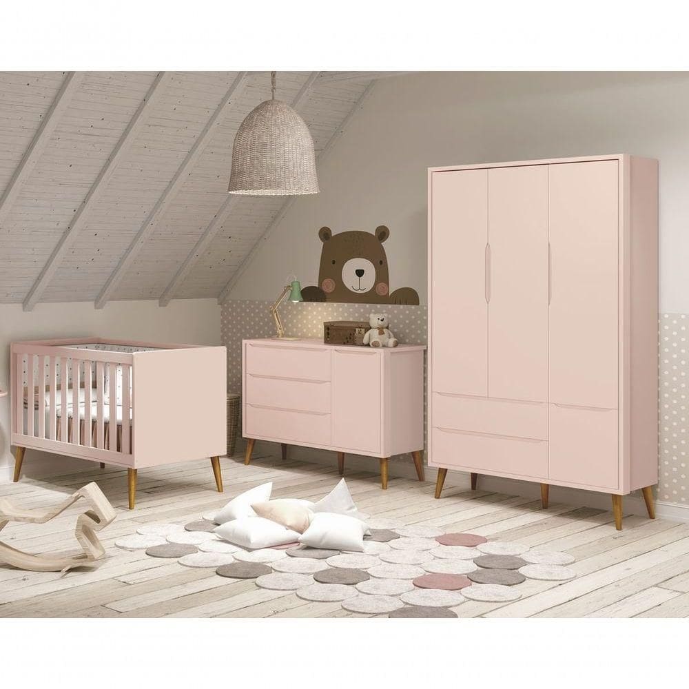 Jogo De Quarto Para Bebê Completo 3 Portas Théo New Rosa Fosco Com Madeira - Moveisaqui