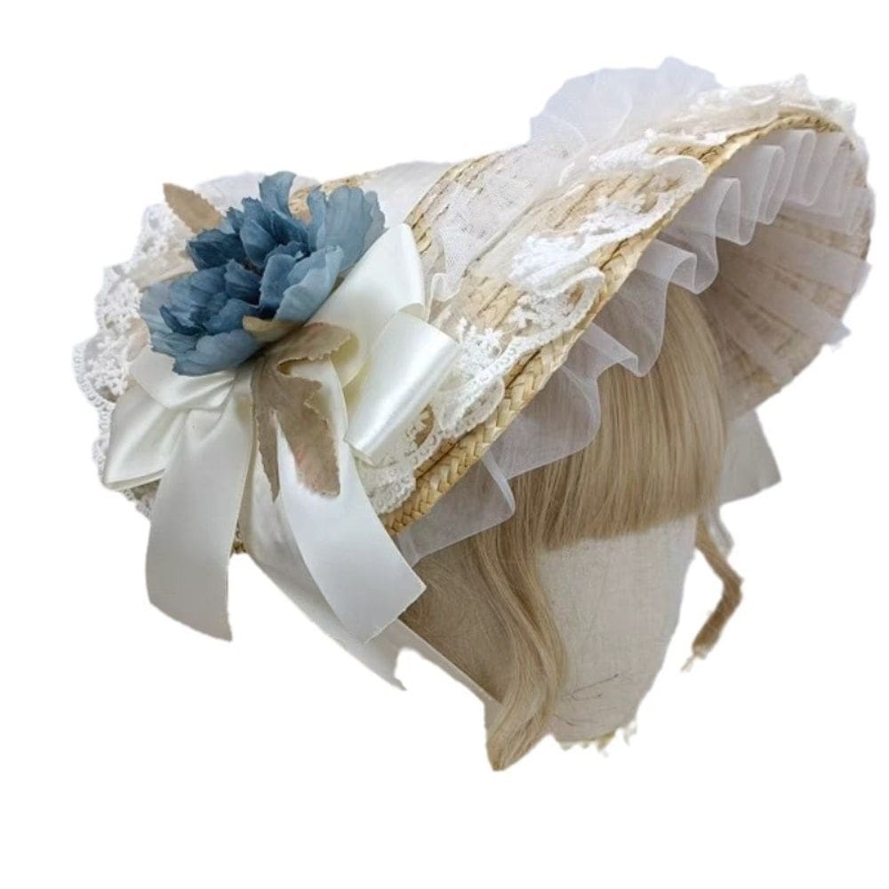 Chapéu de palha estilo Lolita com renda, flor e laço
