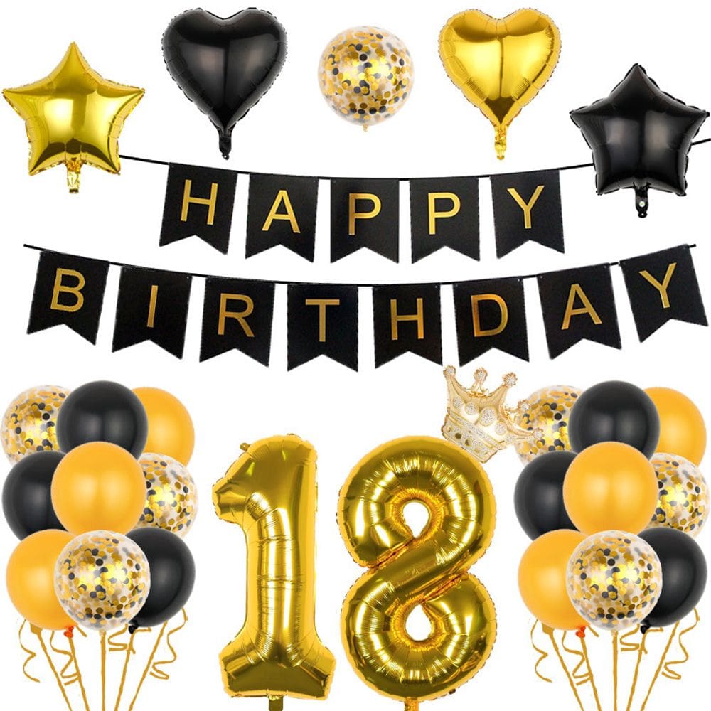 Conjunto de decorações de festa, aniversário de 18 anos, ouro preto, 26 unidades
