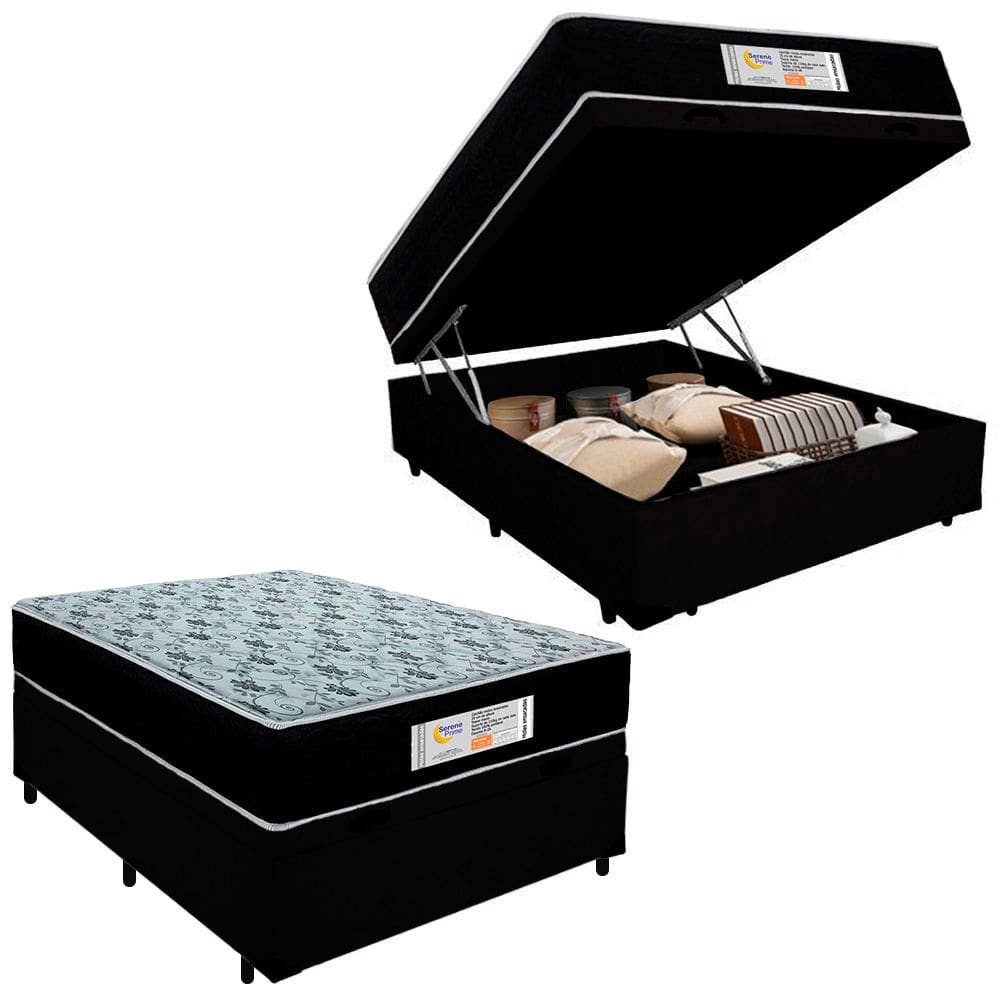 Cama Box Baú Casal Suede + Colchão Molas Ensacadas SerenePrime Sonnolux 138x188x69 Preto